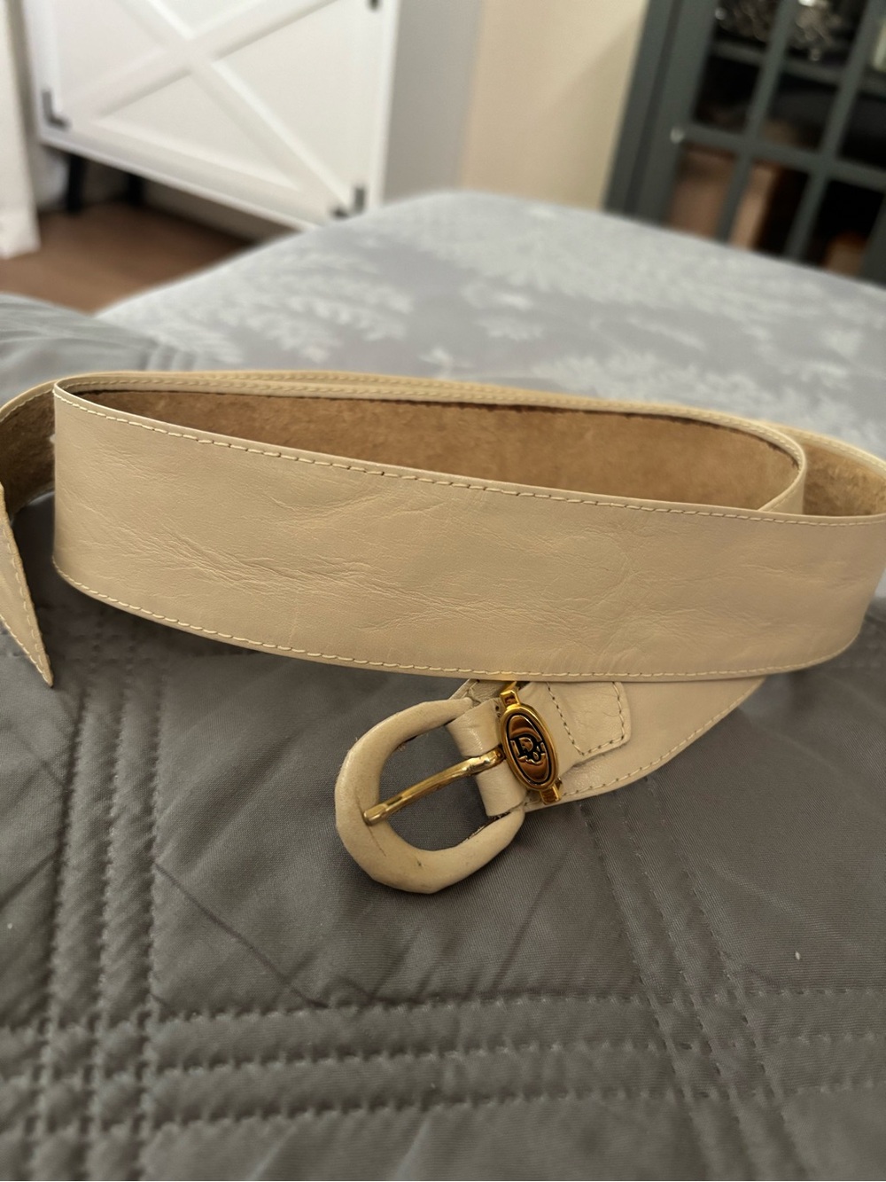 Dior Cream Vintage Leather Belt with Gold-Tone Buckle